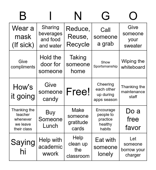 Mr. Salvati's advisory Kindness Bingo Card Bingo Card