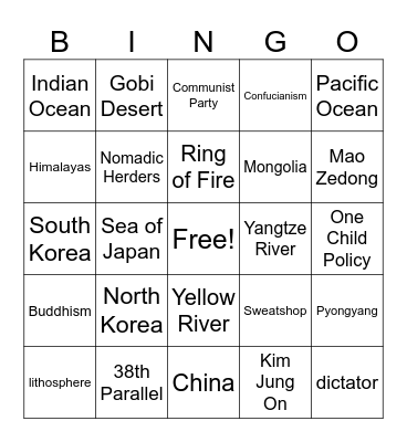East Asia Bingo Card