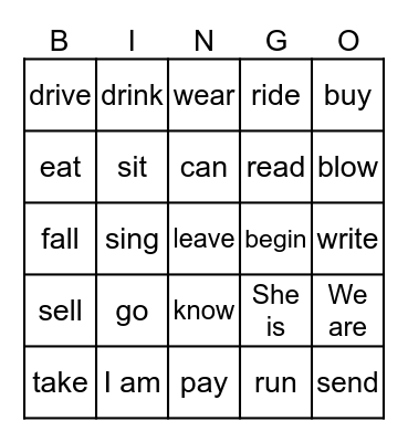 Irregular Verbs Bingo Card