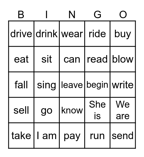 Irregular Verbs Bingo Card