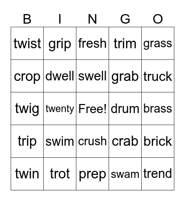 T, R, W Blends Short Vowels Bingo Card