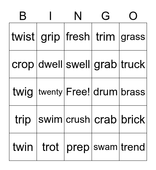 T, R, W Blends Short Vowels Bingo Card