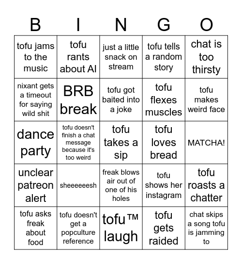TOFUS LIVESTREAM BINGO Card