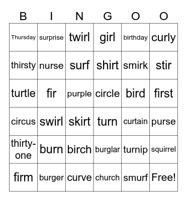 G6 Phonics -ir- and -ur Bingo Card