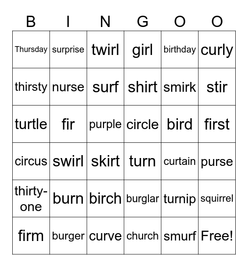G6 Phonics -ir- and -ur Bingo Card