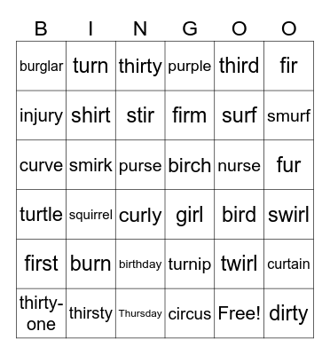 G6 Phonics -ir- and -ur Bingo Card