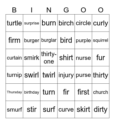 G6 Phonics -ir- and -ur Bingo Card