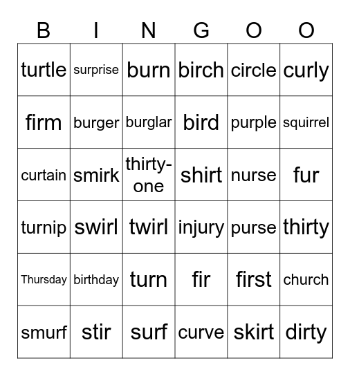 G6 Phonics -ir- and -ur Bingo Card