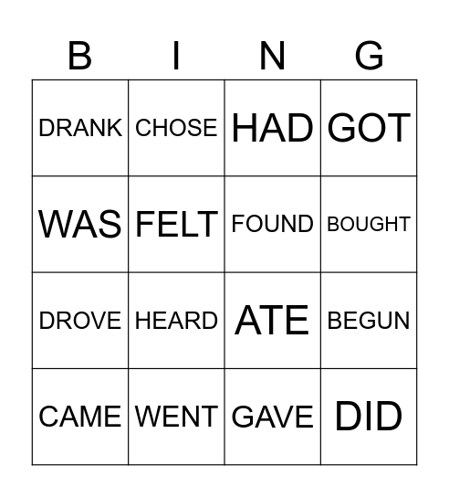 Irregular verbs Bingo Card