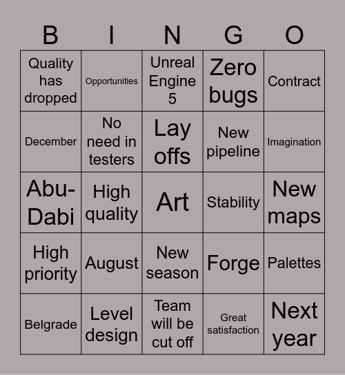Project Changes Bingo Card