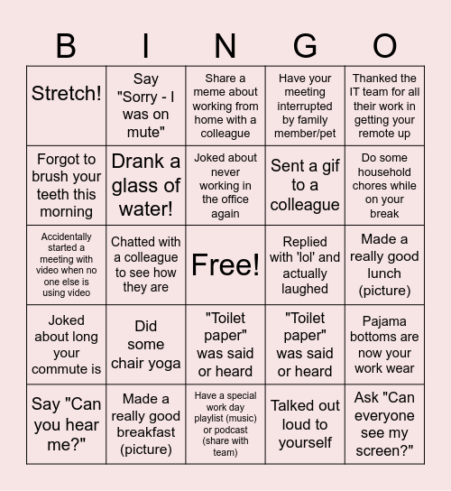 Remote Work Bingo Card