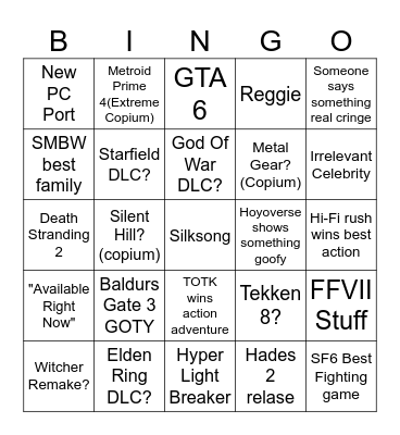 The Game Awards 2023 Bingo Card