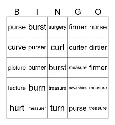 ur  ure words Bingo Card