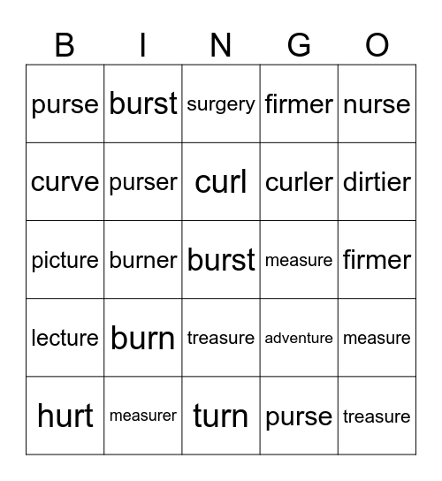 ur  ure words Bingo Card