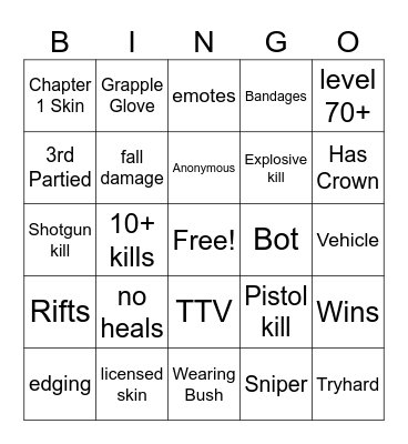 Fortnite Bingo Card