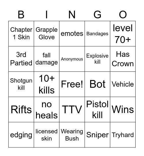 Fortnite Bingo Card