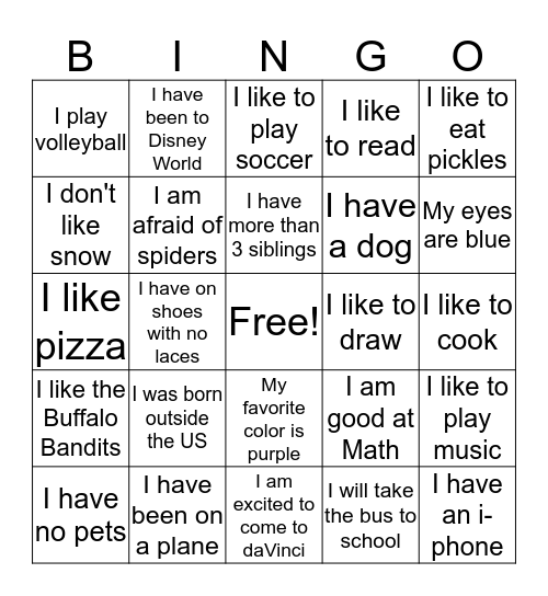 DaVinci Class 2020 Bingo Card