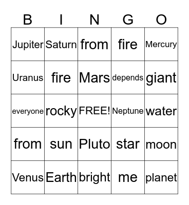 The Solar System Songbook Bingo Card