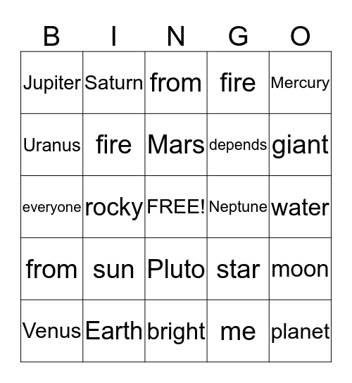 The Solar System Songbook Bingo Card