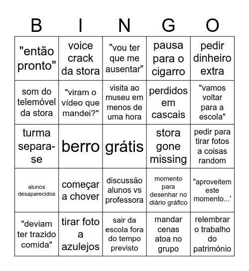 visita de estudo Bingo Card