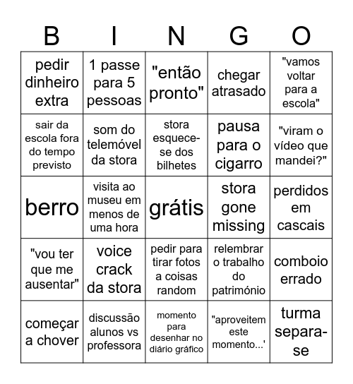 visita de estudo Bingo Card