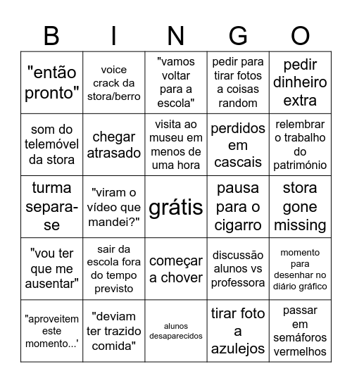 visita de estudo Bingo Card