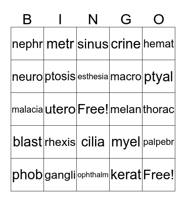 Medical Term Bingo Card
