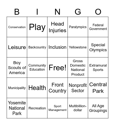 Contemporary Leisure and Recreation Bingo Card