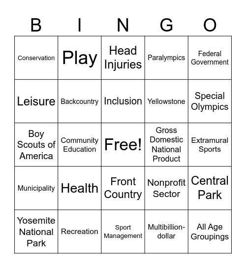 Contemporary Leisure and Recreation Bingo Card