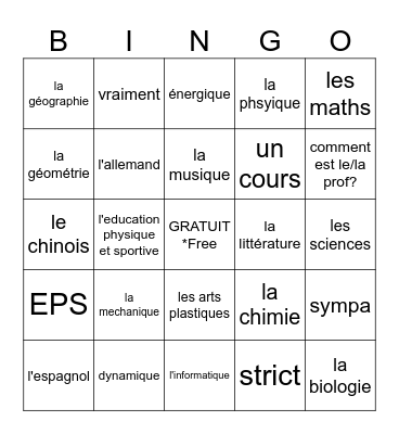 Unité 3B Les Matières Bingo Card