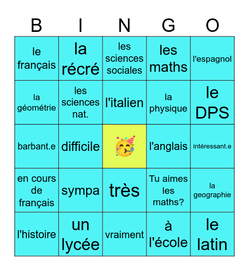 à l'école Bingo Card