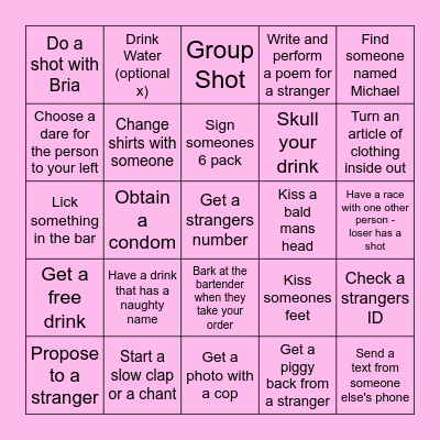 Bria's Birthday Challenges Bingo Card