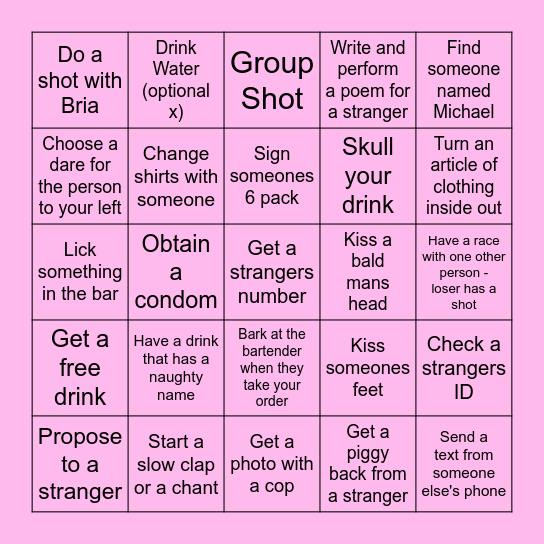 Bria's Birthday Challenges Bingo Card