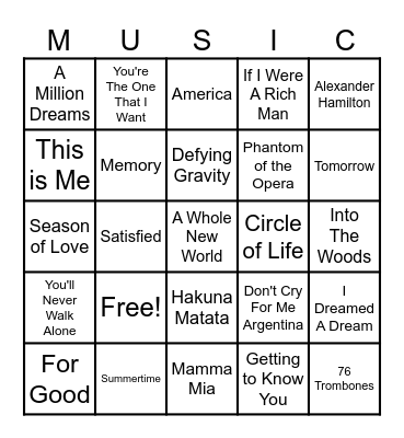 Musicals Bingo Card