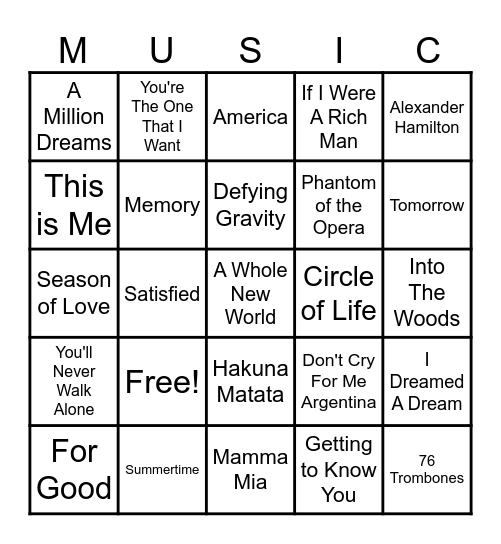 Musicals Bingo Card