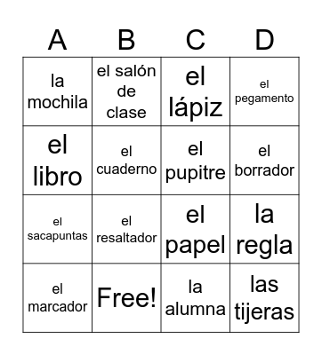 SPA 1:  La Escuela Vocabulario 1 Bingo Card