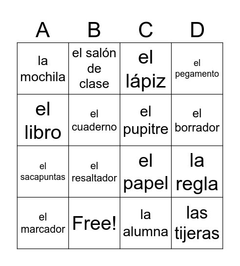 SPA 1:  La Escuela Vocabulario 1 Bingo Card