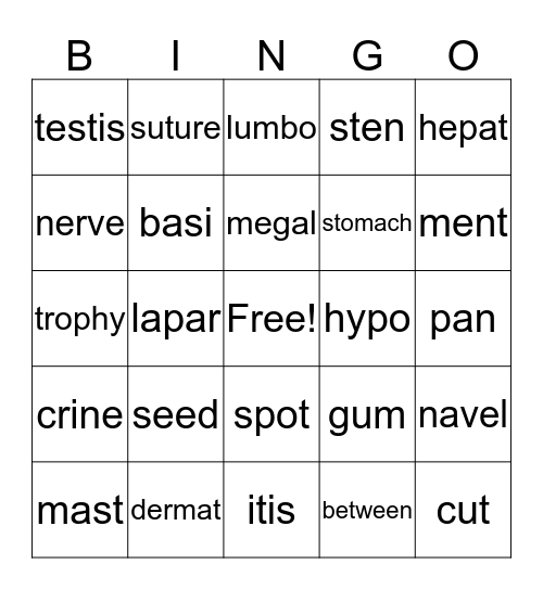 Medical Terms Bingo Card