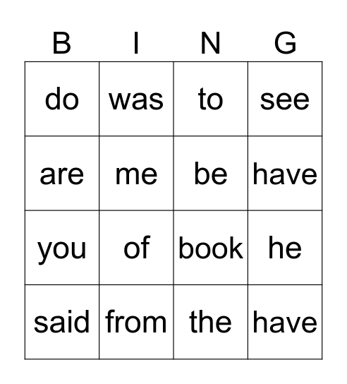 High Frequency Word Bingo Card