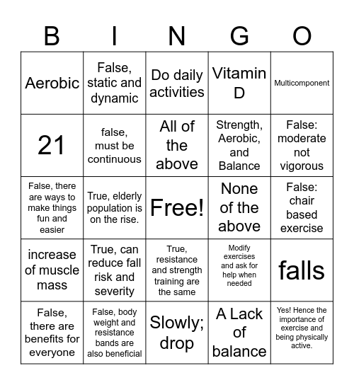 SENIORCIZE Bingo Card