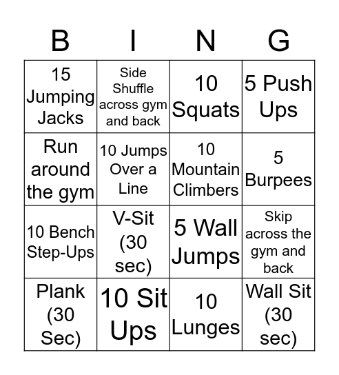 Fitness Fun Bingo Card