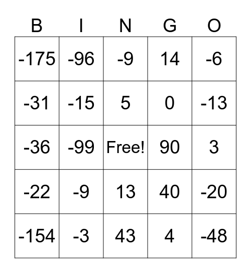 Adding Integers Bingo Card
