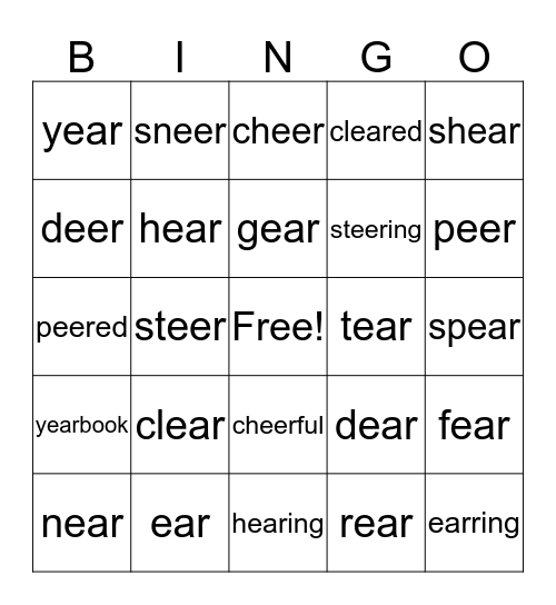 eer and ear Bingo Card