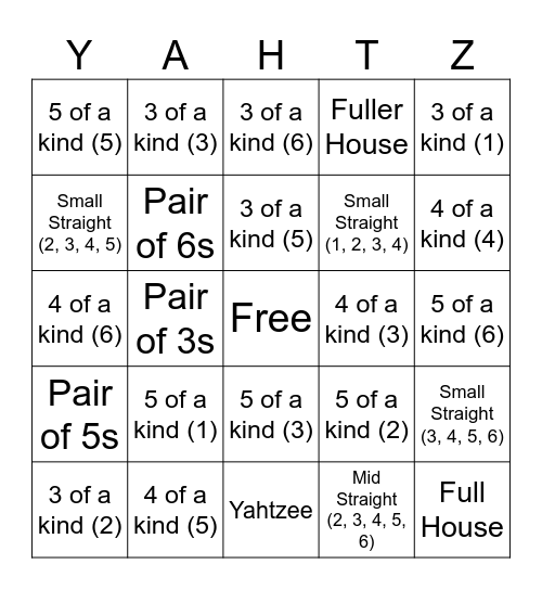 Yahtzee Bingo Card
