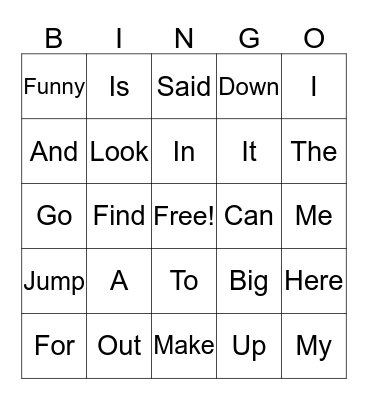 Sight Word Bingo Card