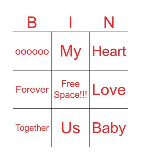 Love Songs Bingo Card