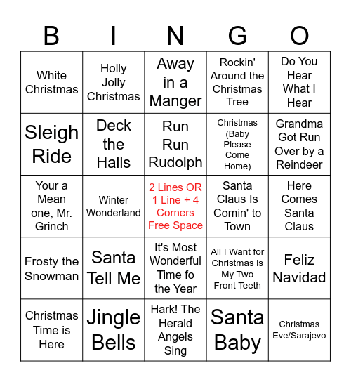 Christmas Song Bingo Card