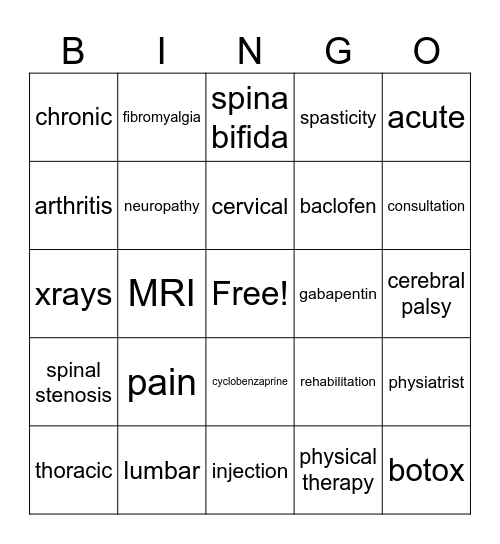Physical Medicine Bingo Card