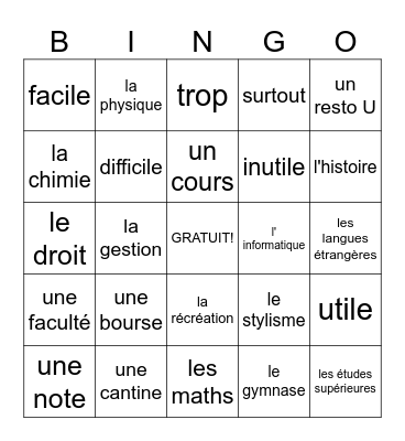 Le Vocabulaire 2A: Les Cours Bingo Card