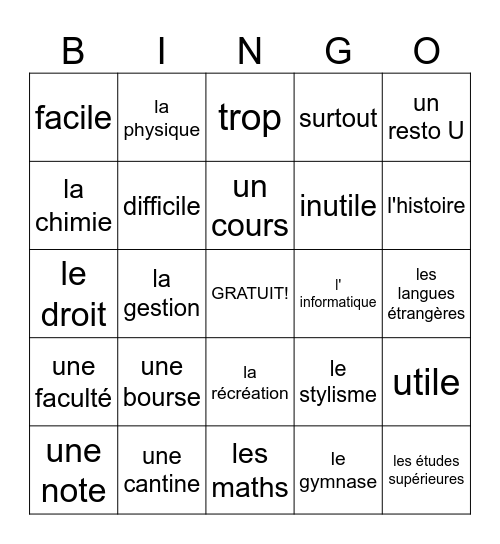 Le Vocabulaire 2A: Les Cours Bingo Card